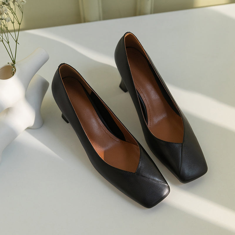 Nine Seven Genuine Leather Handmade Women's Square Toe Unique Mid Heel Slip On Comfortable Pumps