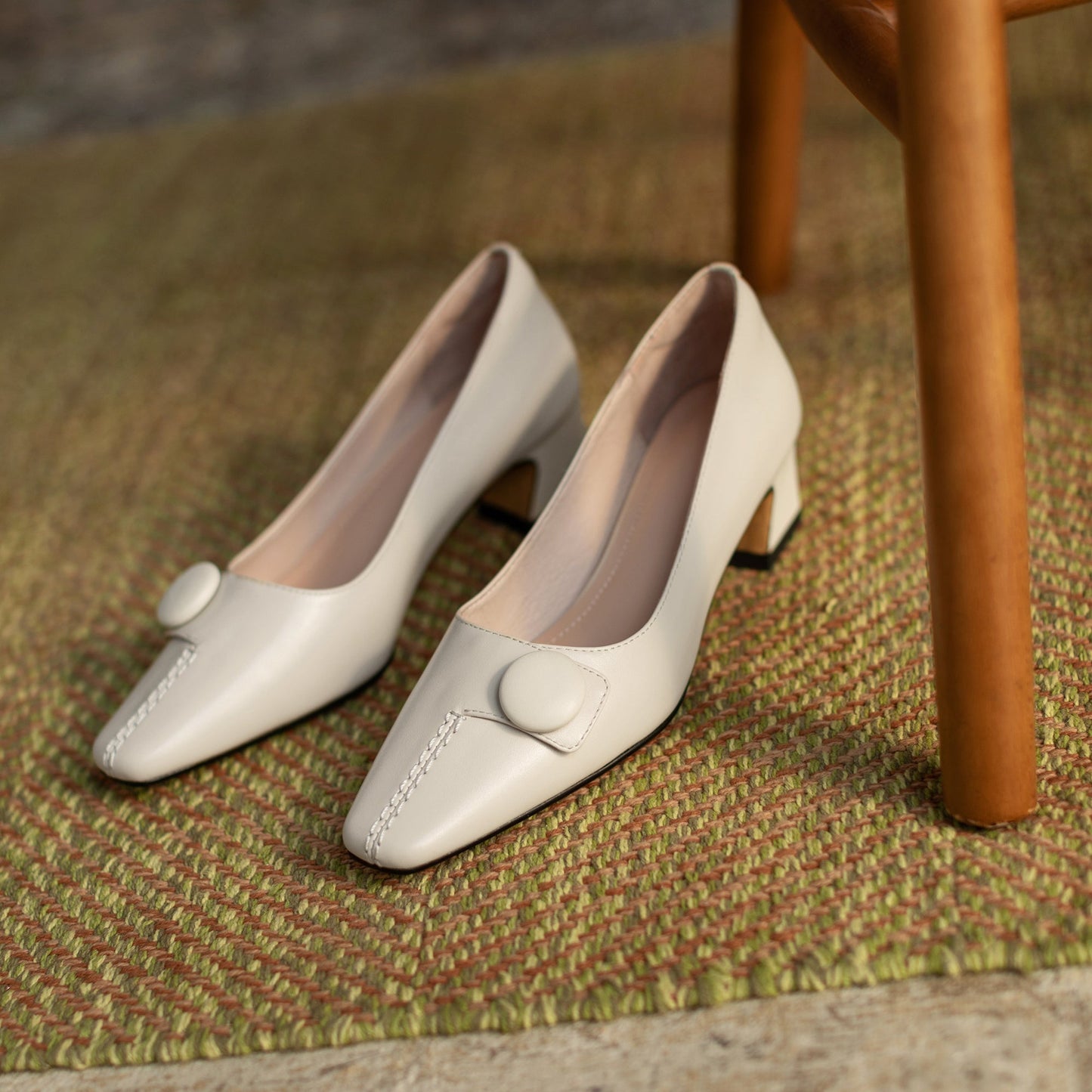 Nine Seven Genuine Leather Women's Handmade Square Toe Low Heel Button Graceful Pump Shoes