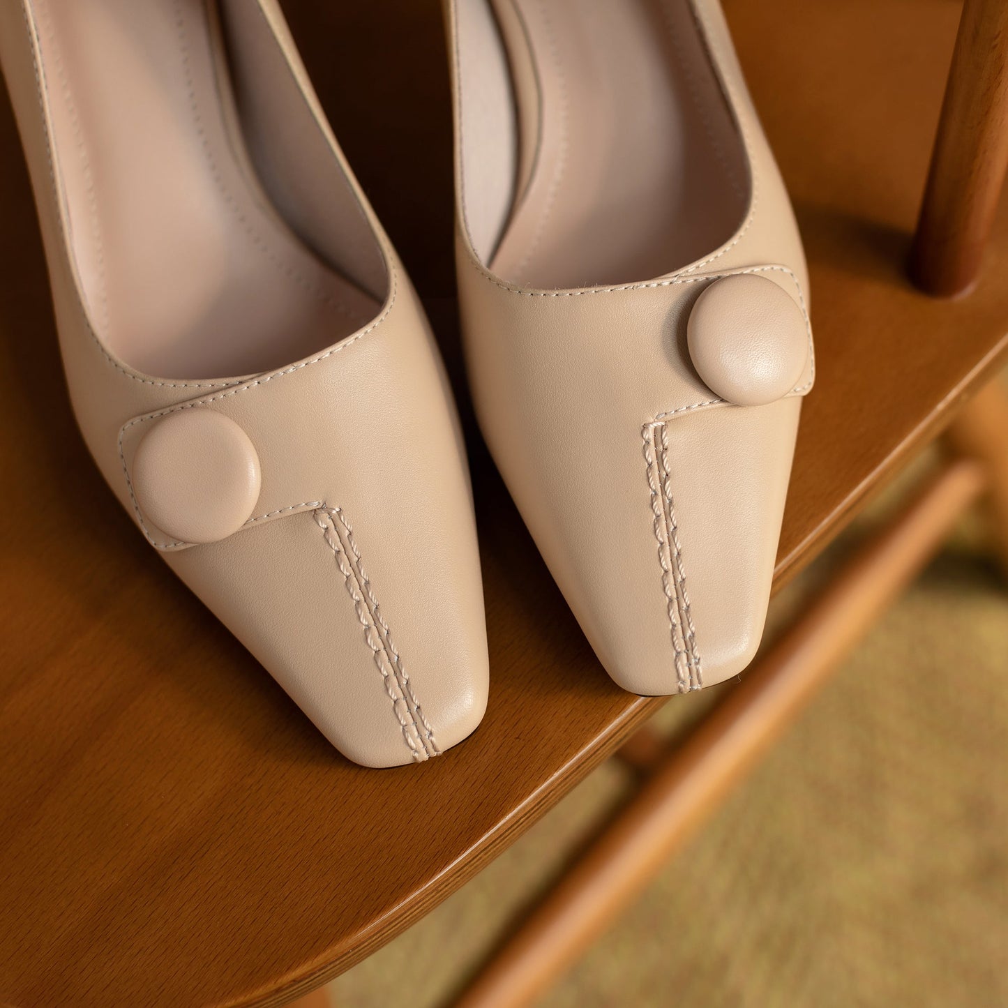 Nine Seven Genuine Leather Women's Handmade Square Toe Low Heel Button Graceful Pump Shoes