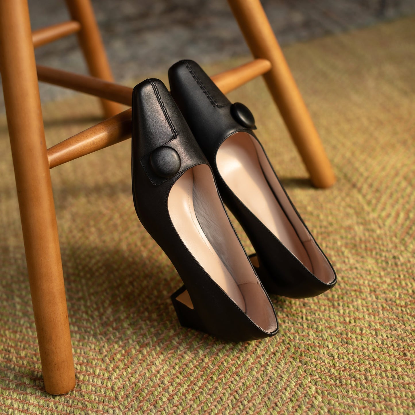 Nine Seven Genuine Leather Women's Handmade Square Toe Low Heel Button Graceful Pump Shoes