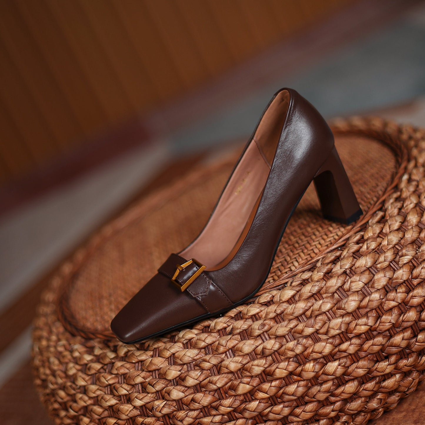 Nine Seven Women's Genuine Leather Square Toe Handmade Mid Chunky Heel Vintage Dress Pumps with Buckle