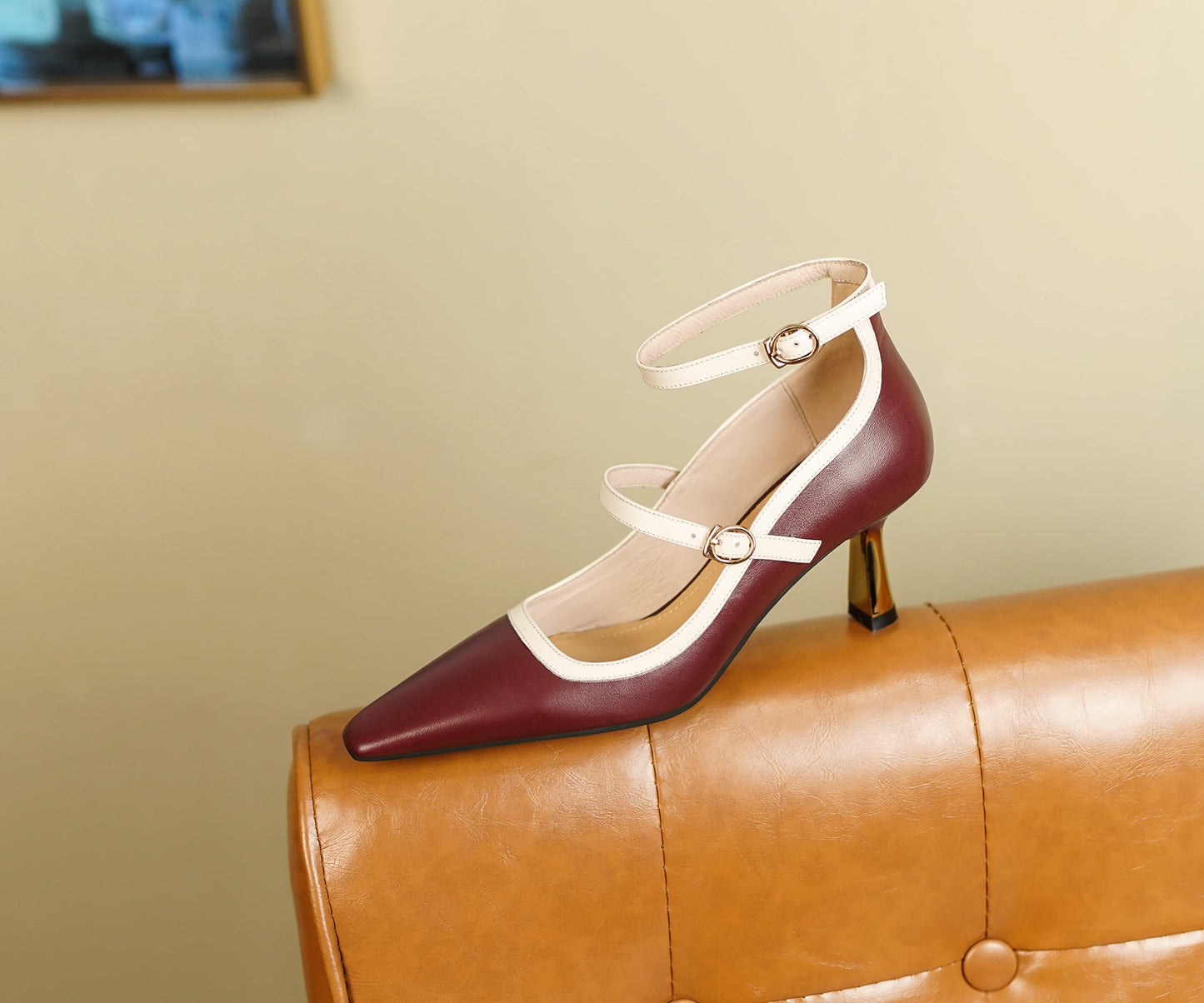 Nine Seven Women's Pointed Toe Genuine Leather Handmade Buckles Stiletto Mid Heel Retro Pumps Shoes