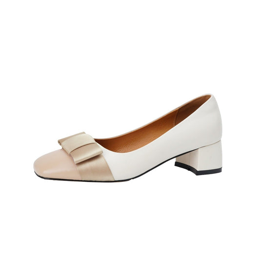 Nine Seven Genuine Leather Women's Handmade Square Toe Block Heel Assorted Color Loafer Pumps Shoes with Bowknot