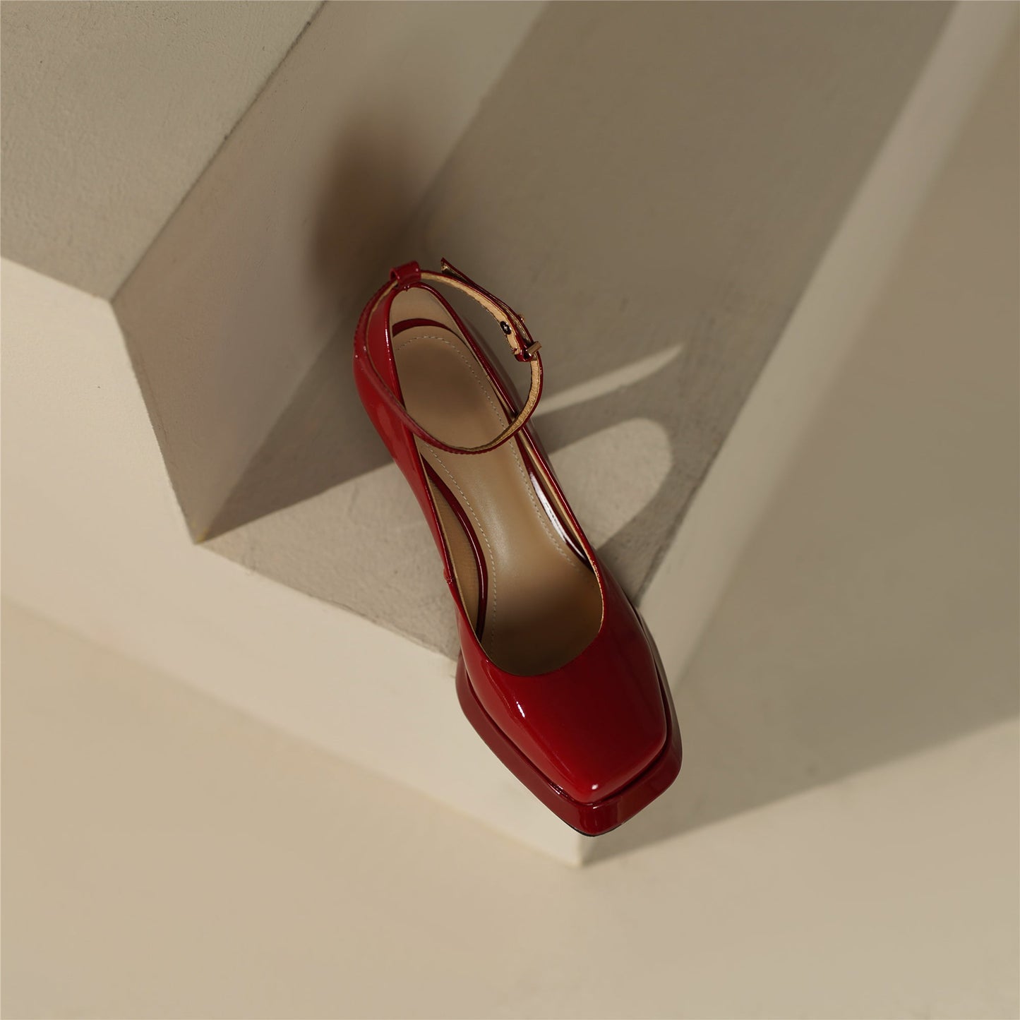 Nine Seven Women's Square Toe Glossy Patent Leather Handmade Platform Stylish High Chunky Heels with Detachable Ankle Belt