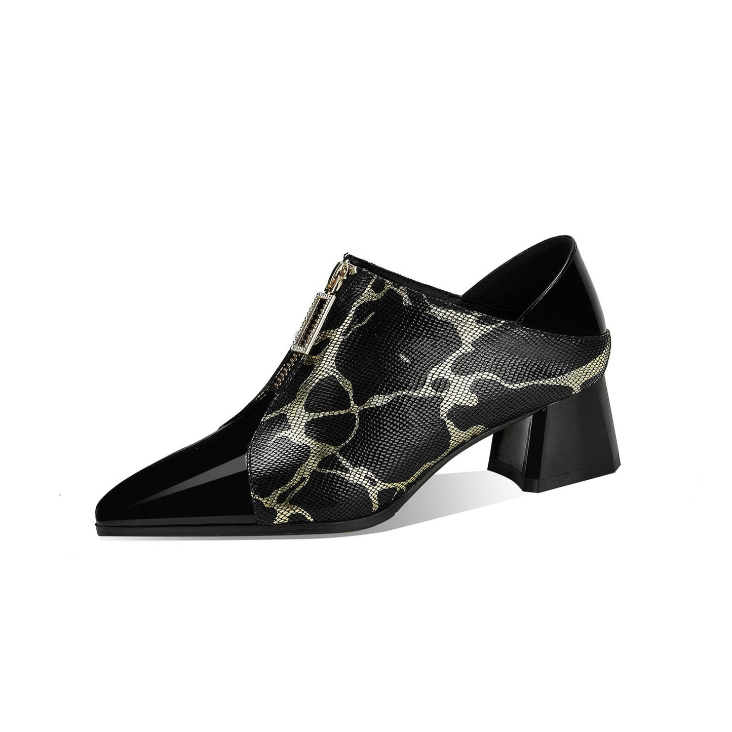 Nine Seven Women's Pointed Toe Genuine Leather Handmade Front Zipper Low Chunky Heels Stylish Pumps Shoes