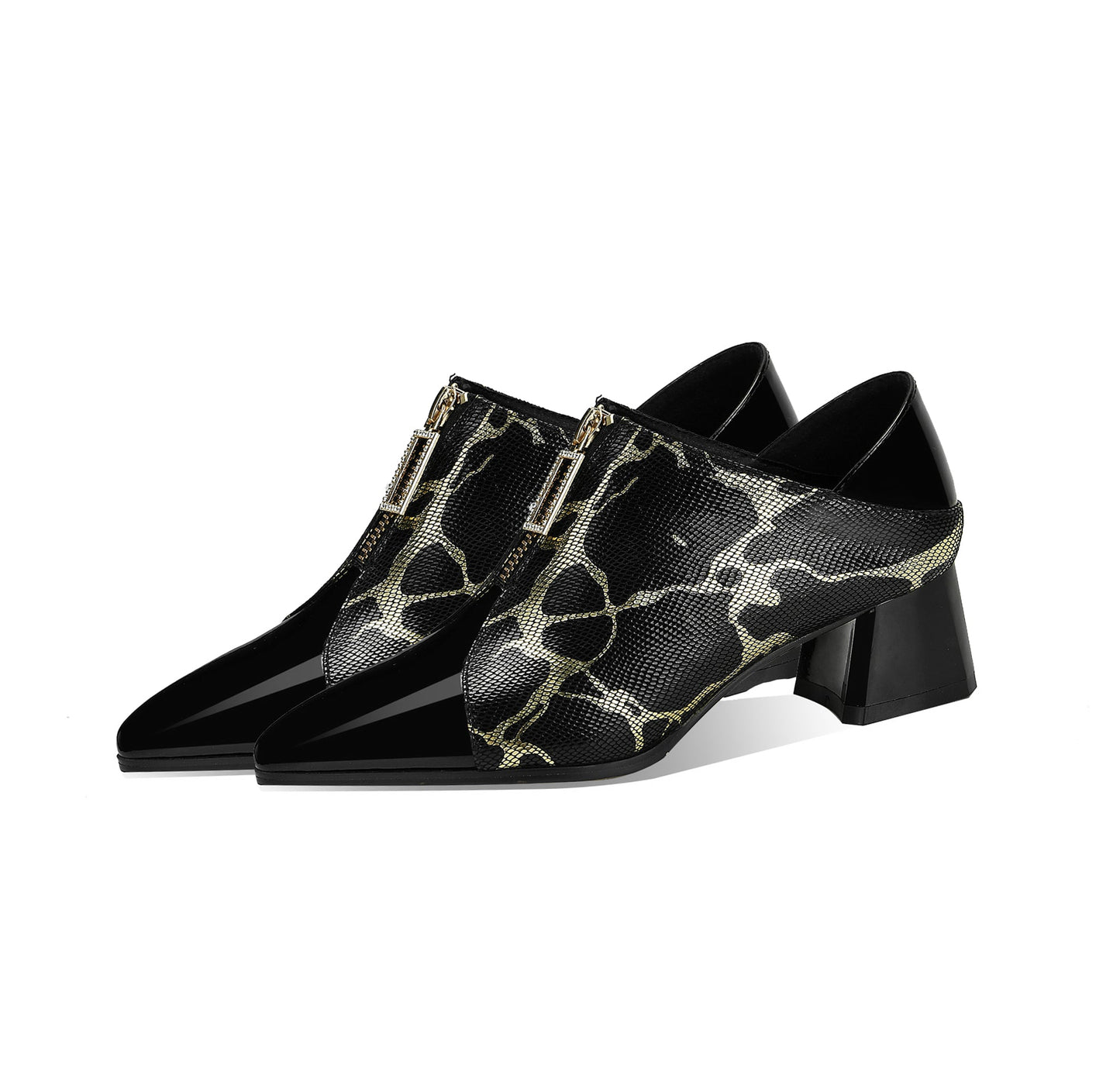Nine Seven Women's Pointed Toe Genuine Leather Handmade Front Zipper Low Chunky Heels Stylish Pumps Shoes