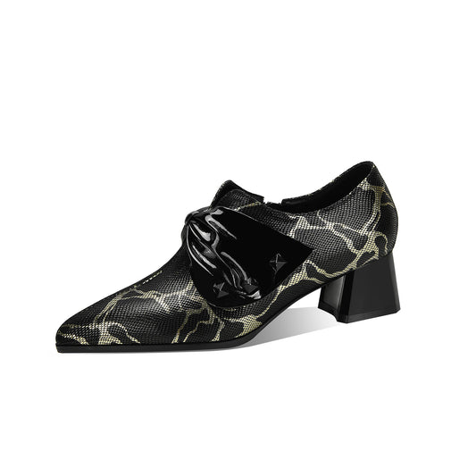 Nine Seven Women's Pointed Toe Printting Genuine Leather Handmade Side Zipper Low Chunky Heels Stylish Pumps Shoes