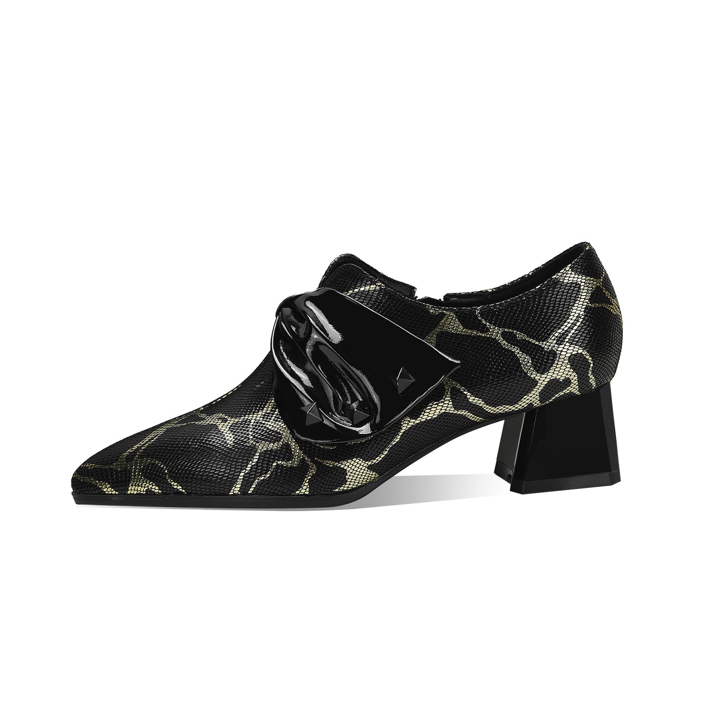 Nine Seven Women's Pointed Toe Printting Genuine Leather Handmade Side Zipper Low Chunky Heels Stylish Pumps Shoes