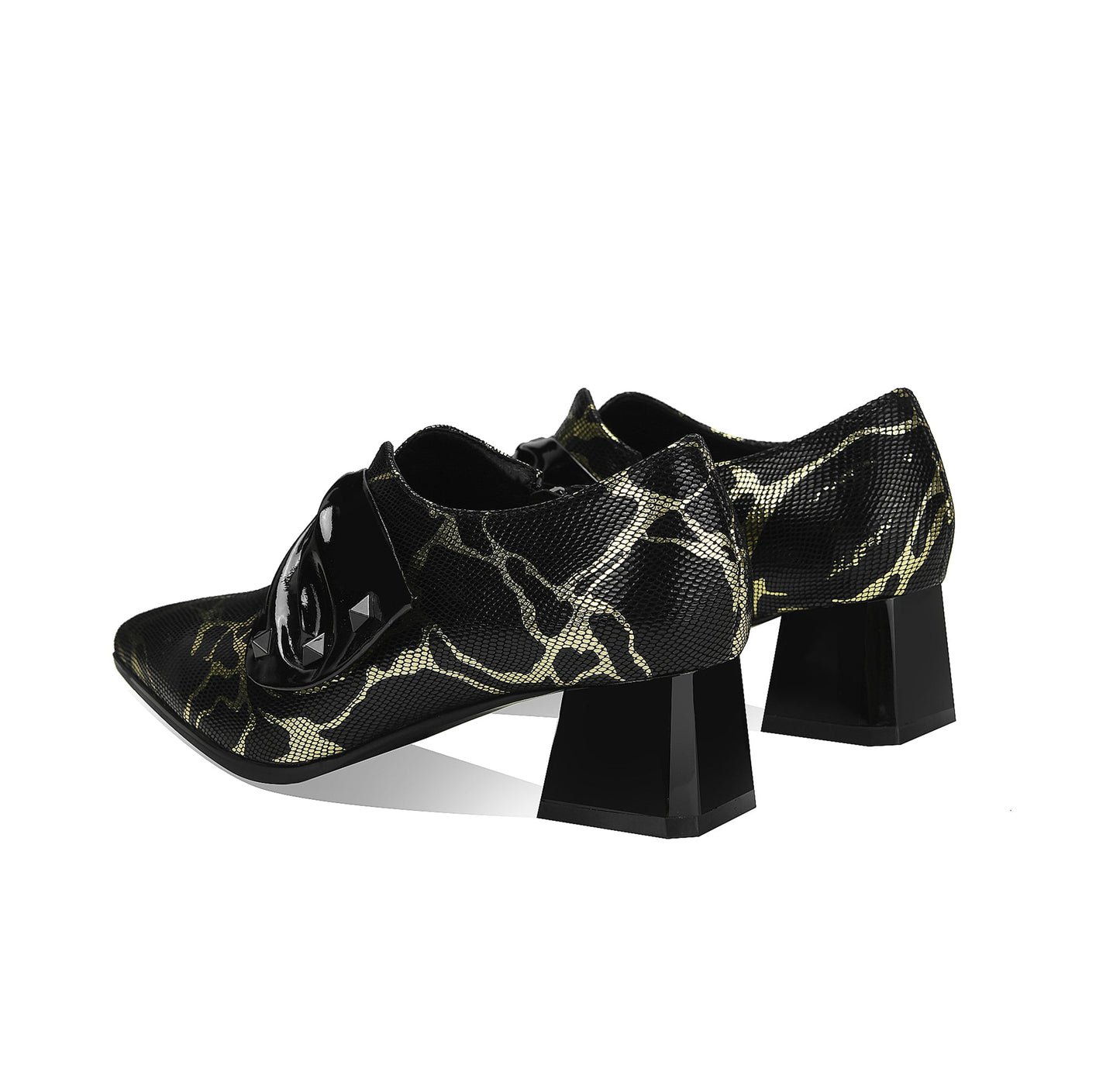 Nine Seven Women's Pointed Toe Printting Genuine Leather Handmade Side Zipper Low Chunky Heels Stylish Pumps Shoes