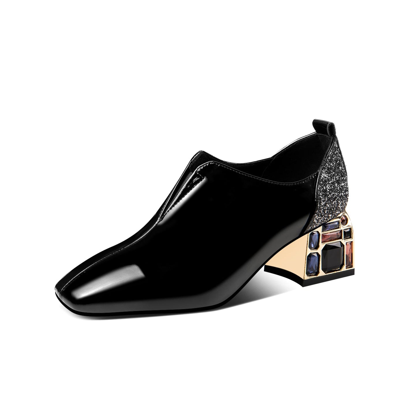 Nine Seven Patent Leather Women's Handmade Classic Square Toe Mid Chunky Heel Slip On Glitter Loafer Pump Shoes with Rhinestone