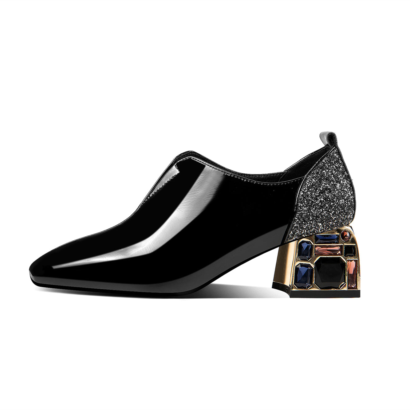 Nine Seven Patent Leather Women's Handmade Classic Square Toe Mid Chunky Heel Slip On Glitter Loafer Pump Shoes with Rhinestone