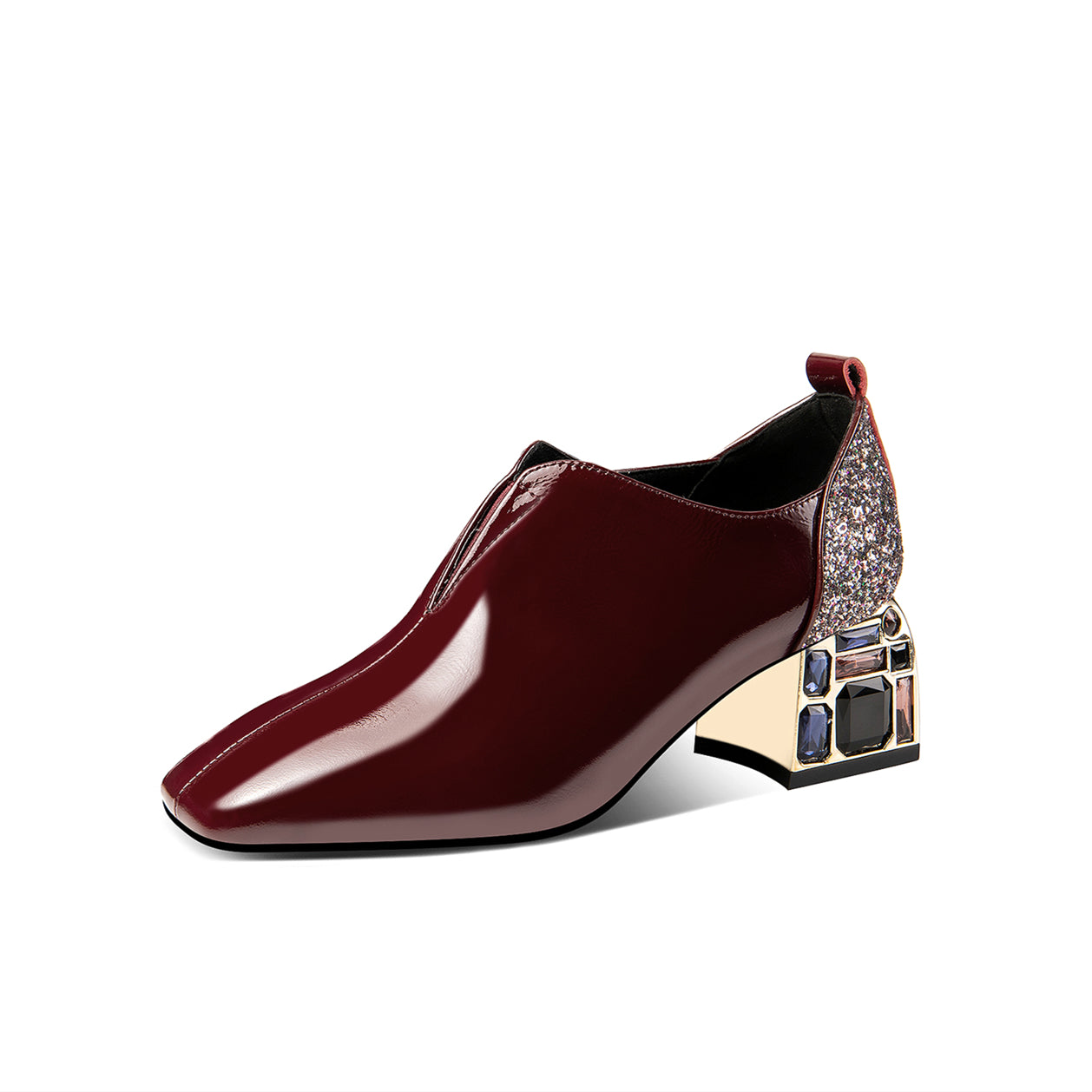 Nine Seven Patent Leather Women's Handmade Classic Square Toe Mid Chunky Heel Slip On Glitter Loafer Pump Shoes with Rhinestone