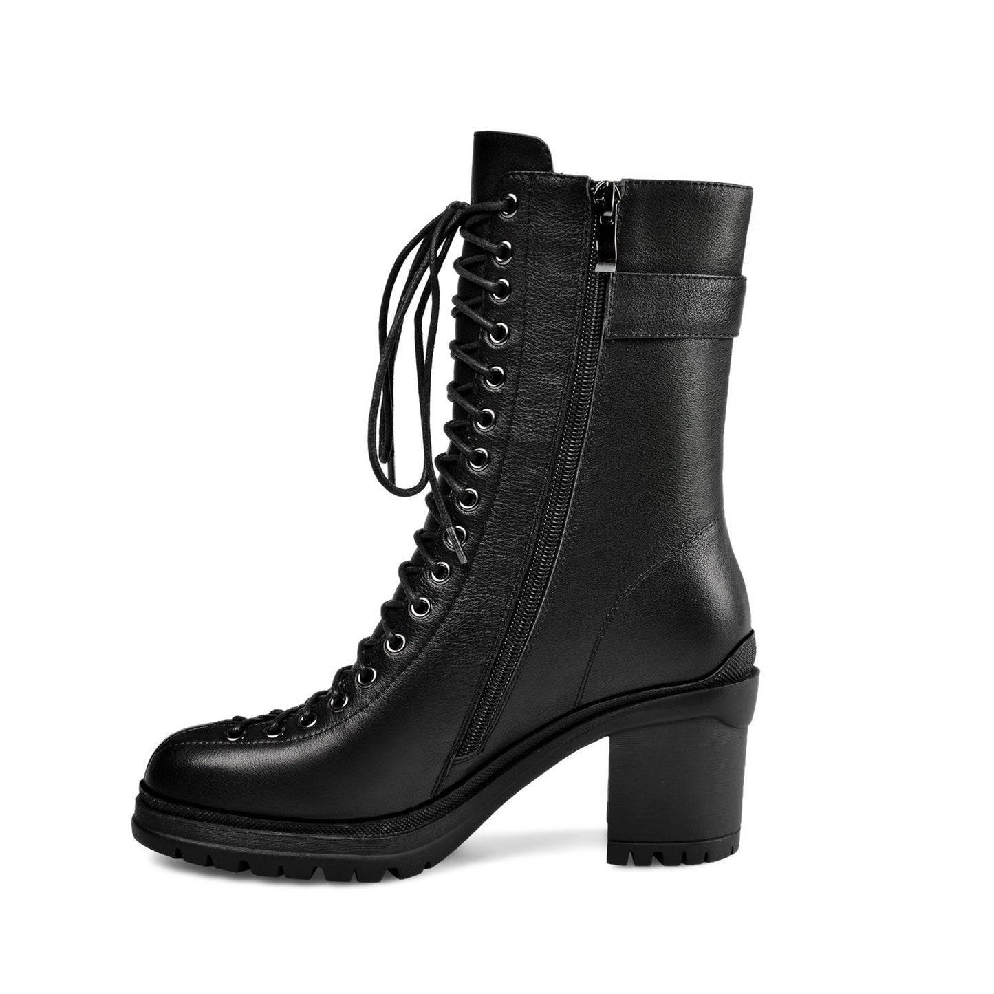 Nine Seven Women's Round Toe Selftie Zip Up Genuine Leather Handmade Chunky Heels Cool Mid-Calf Boots with Buckle