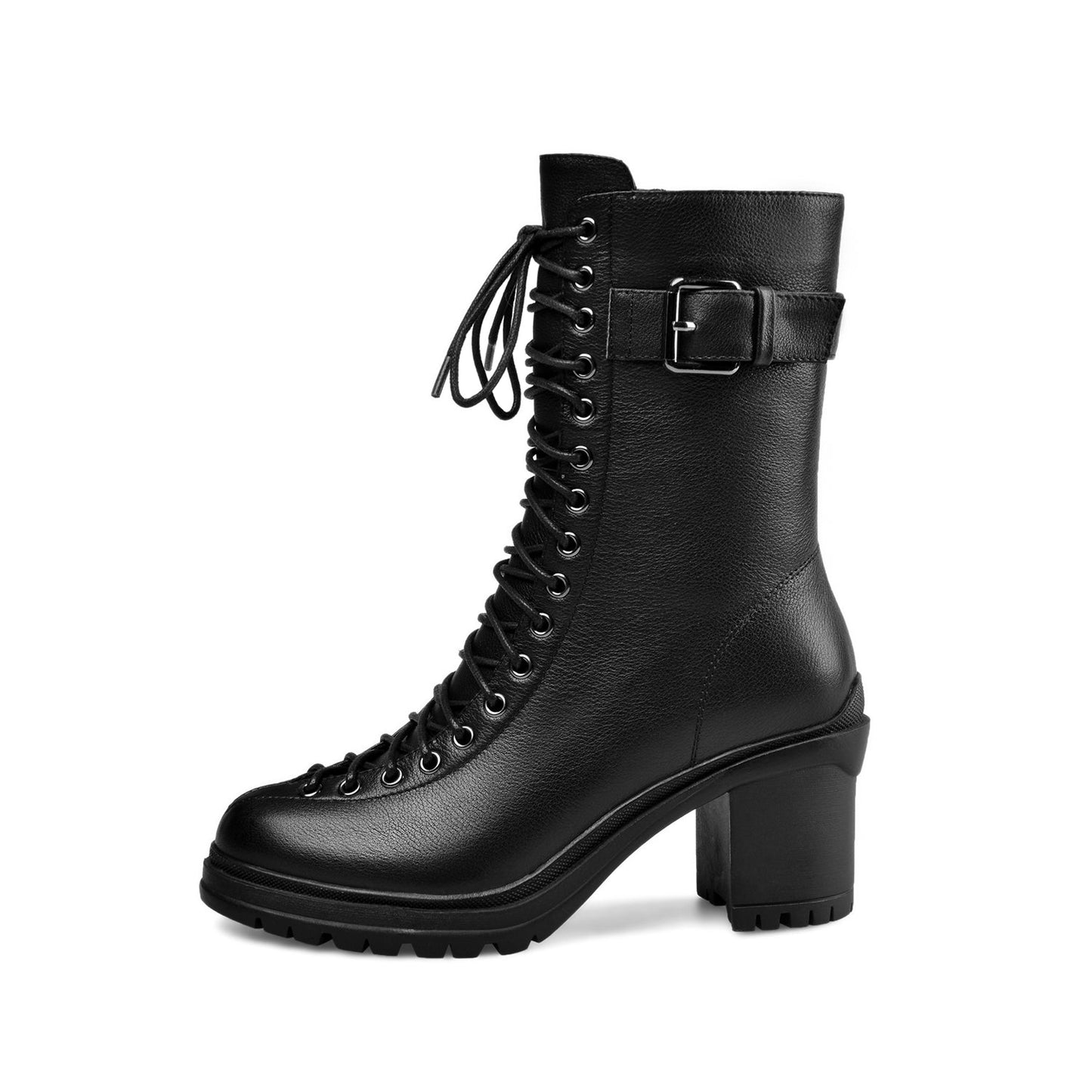 Nine Seven Women's Round Toe Selftie Zip Up Genuine Leather Handmade Chunky Heels Cool Mid-Calf Boots with Buckle
