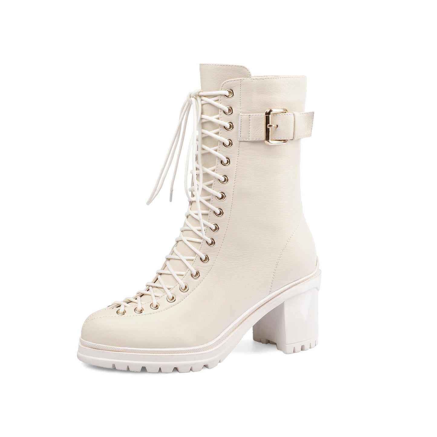 Nine Seven Women's Round Toe Selftie Zip Up Genuine Leather Handmade Chunky Heels Cool Mid-Calf Boots with Buckle