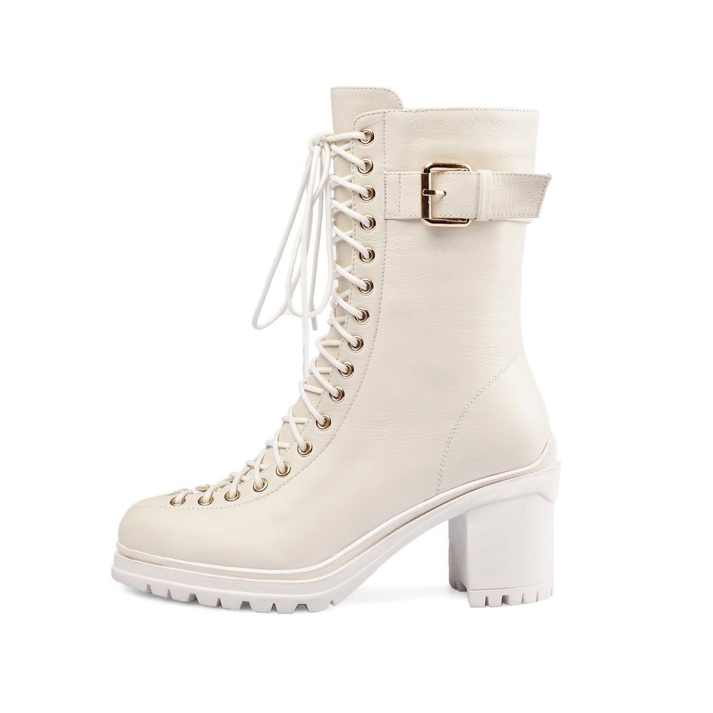 Nine Seven Women's Round Toe Selftie Zip Up Genuine Leather Handmade Chunky Heels Cool Mid-Calf Boots with Buckle