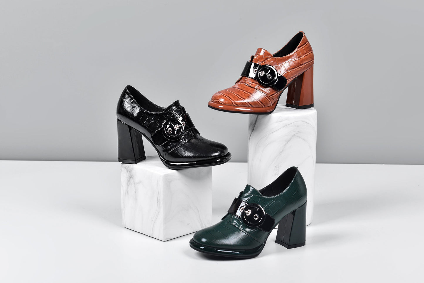 Nine Seven Women's Handmade Genuine Leather Round Toe Buckled Trendy Platform High Chunky Heel Slip On Pumps