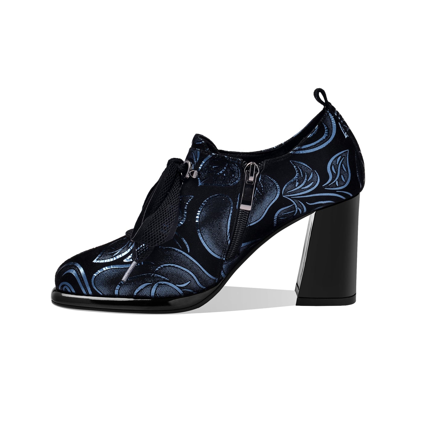 Nine Seven Women's Handmade Printed Suede Leather Platform Round Toe Lace Up Side Zip High Chunky Heel Pumps