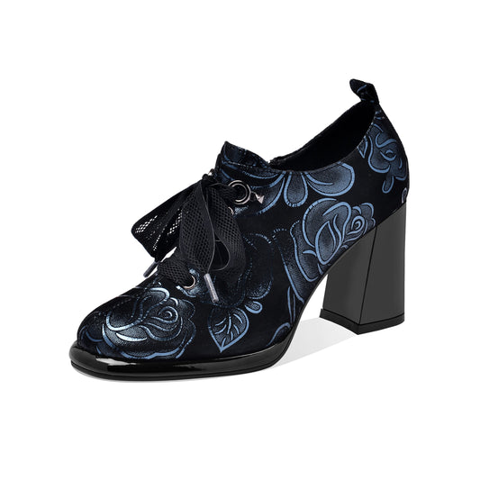 Nine Seven Women's Handmade Printed Suede Leather Platform Round Toe Lace Up Side Zip High Chunky Heel Pumps