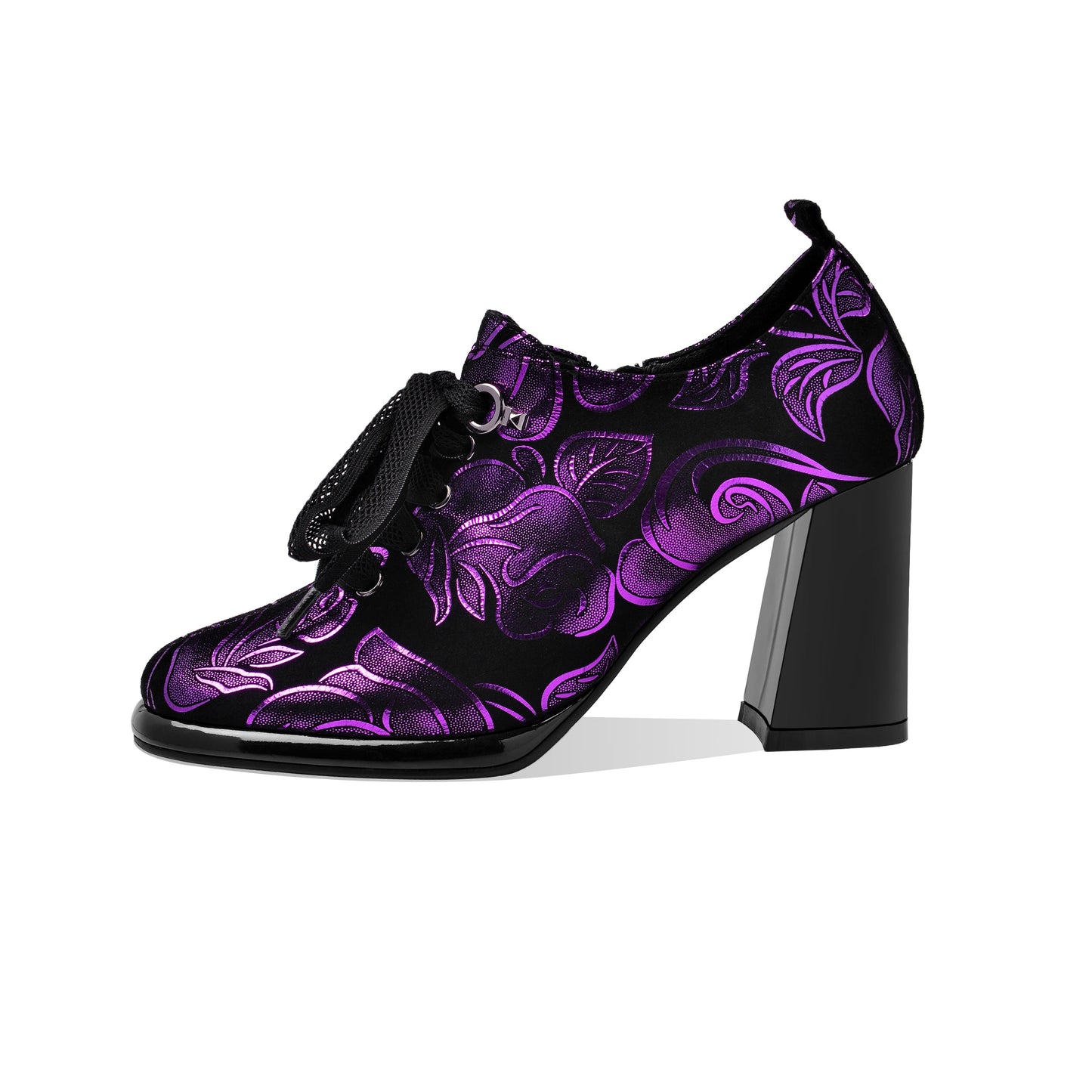 Nine Seven Women's Handmade Printed Suede Leather Platform Round Toe Lace Up Side Zip High Chunky Heel Pumps