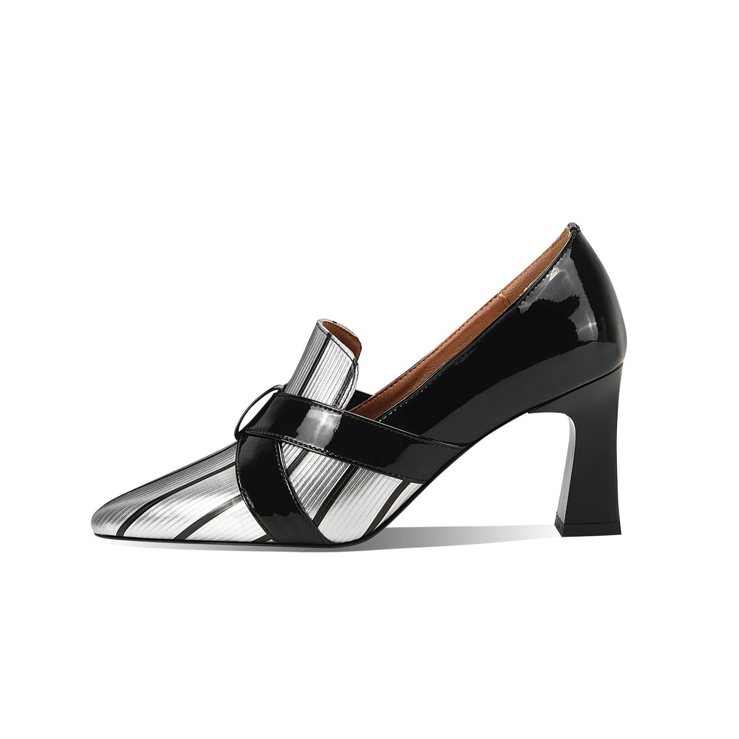 Nine Seven Glossy Genuine/Patent Leather Pointed Toe Handmade Chunky Heels Graceful Women's Dress Pumps