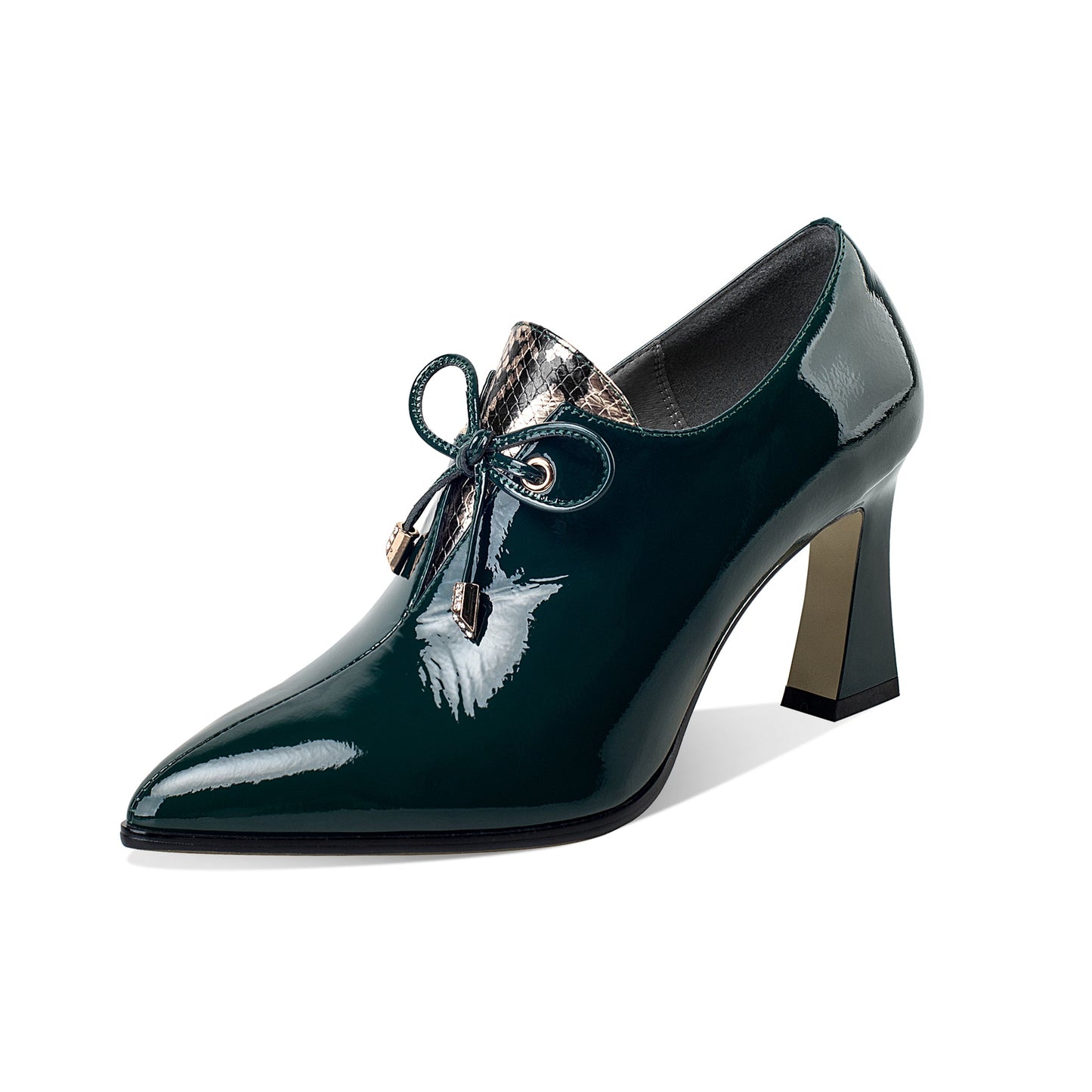 Nine Seven Women's Patent Leather Handmade High Spool Heel Pointed Toe Zip Up Pump Shoes with Bownot