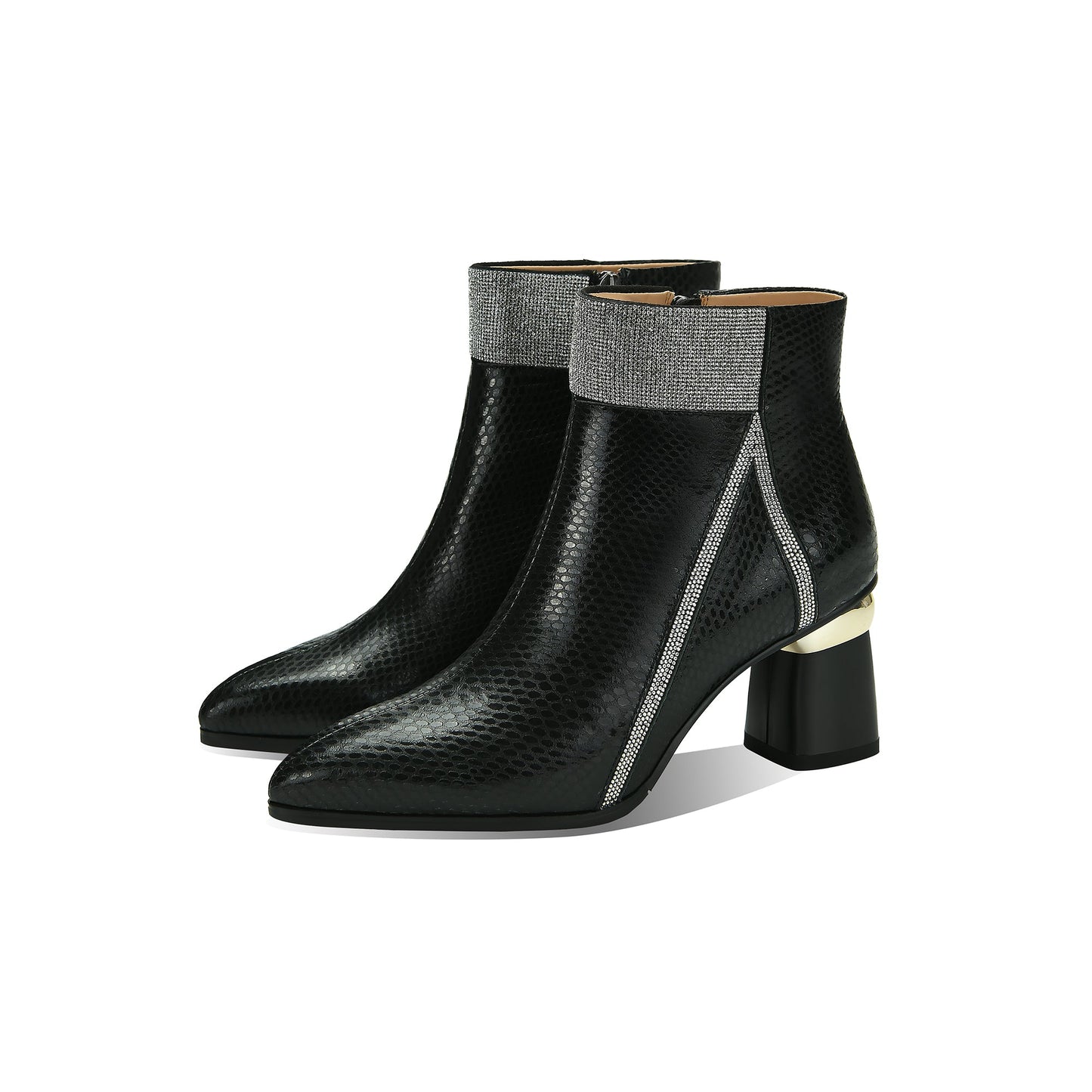 Nine Seven Handmade Women's Genuine Leather Printed Glossy Side Zipper Pointed Toe Mid Chunky Heel Ankle Boots