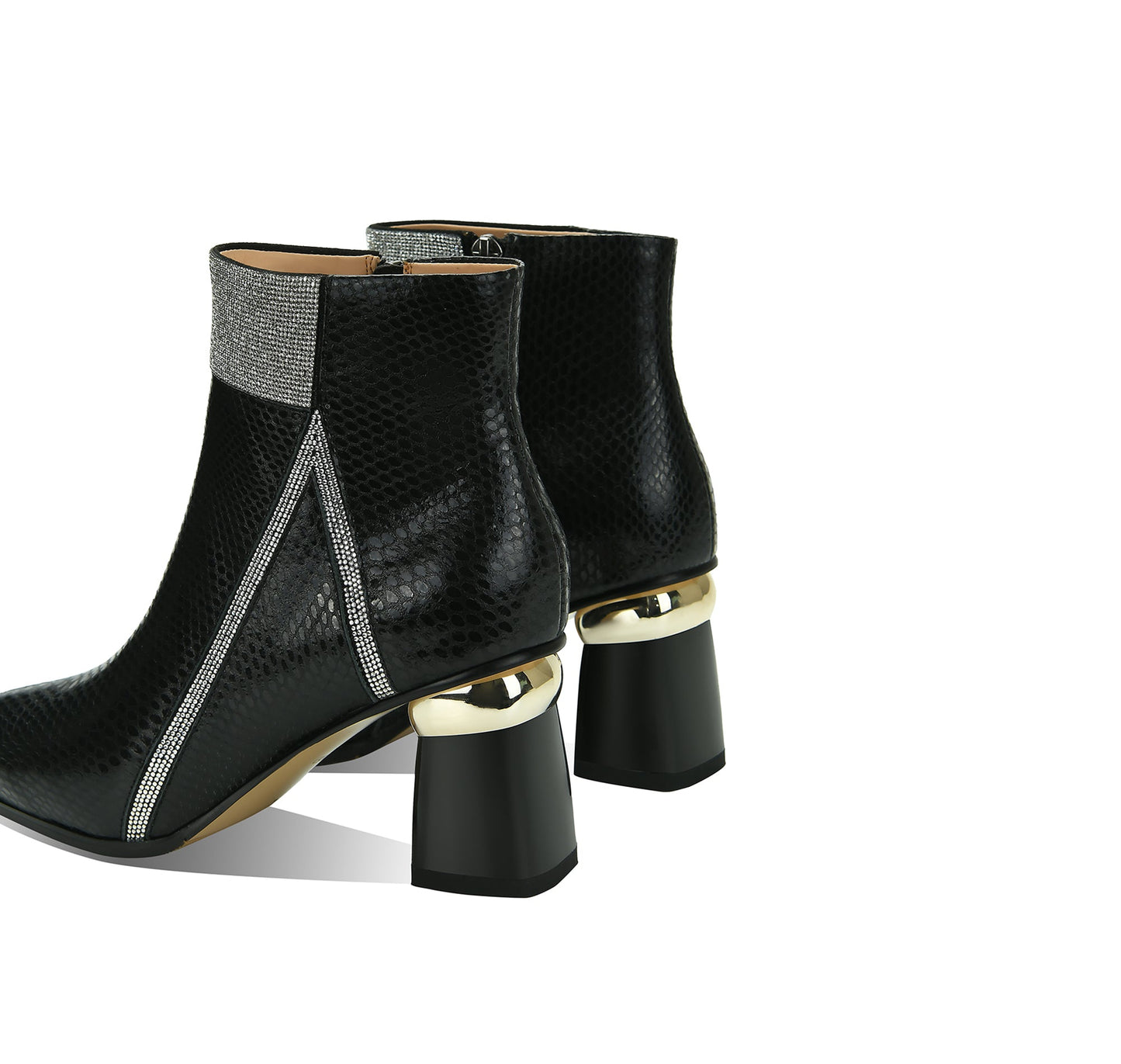 Nine Seven Handmade Women's Genuine Leather Printed Glossy Side Zipper Pointed Toe Mid Chunky Heel Ankle Boots