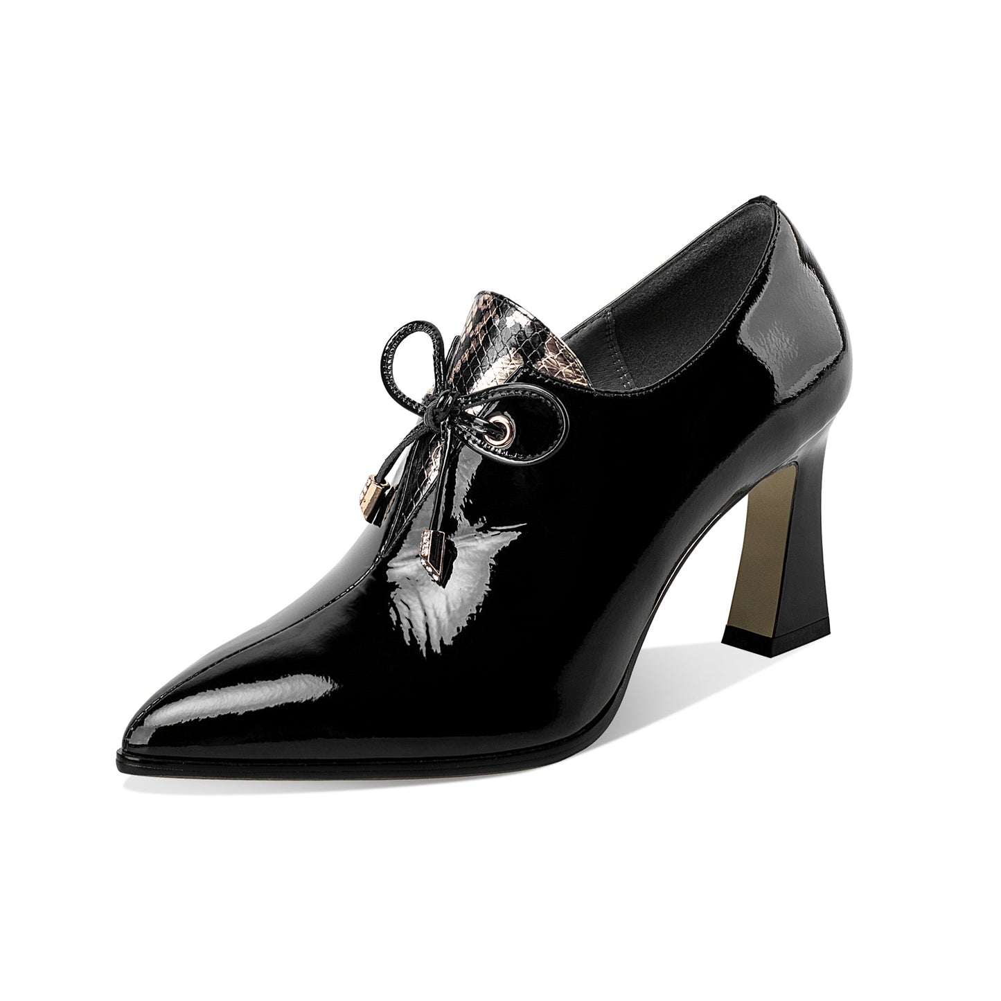 Nine Seven Women's Patent Leather Handmade High Spool Heel Pointed Toe Zip Up Pump Shoes with Bownot