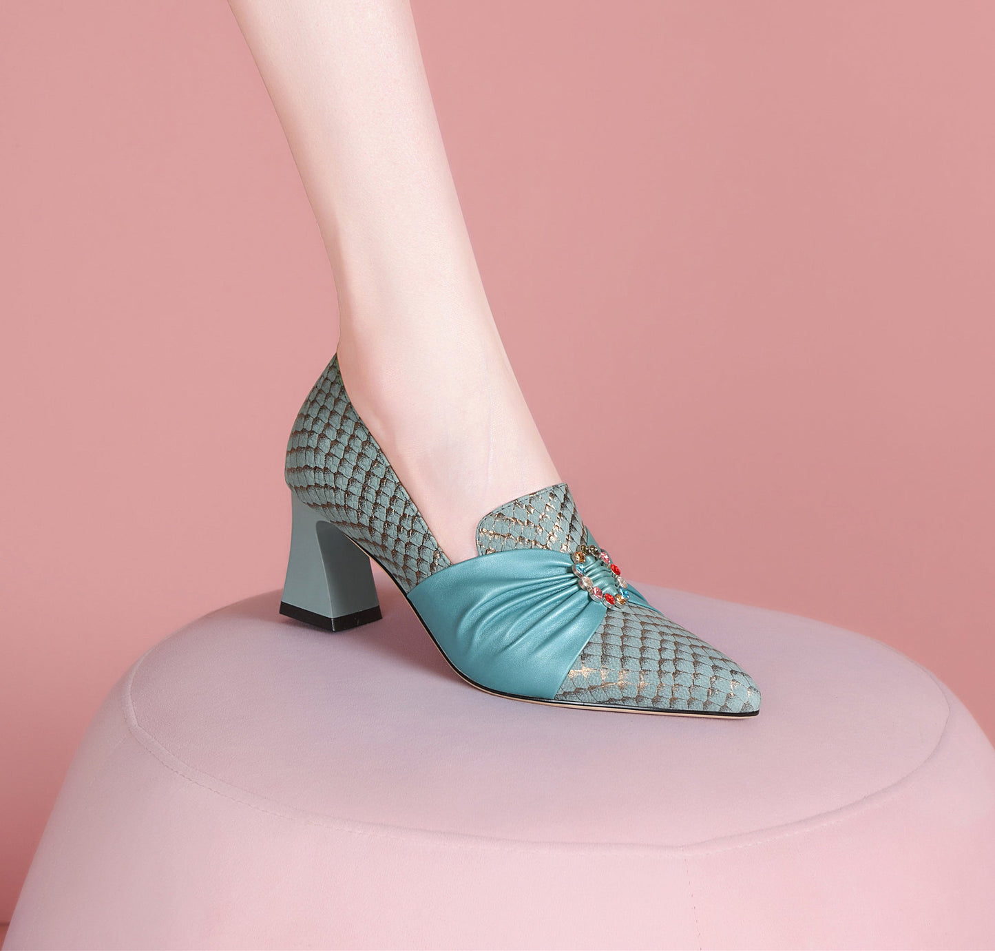 Nine Seven Women's Pointed Toe Genuine Leather Handmade Mid Chunky Heels Graceful Pumps Shoes