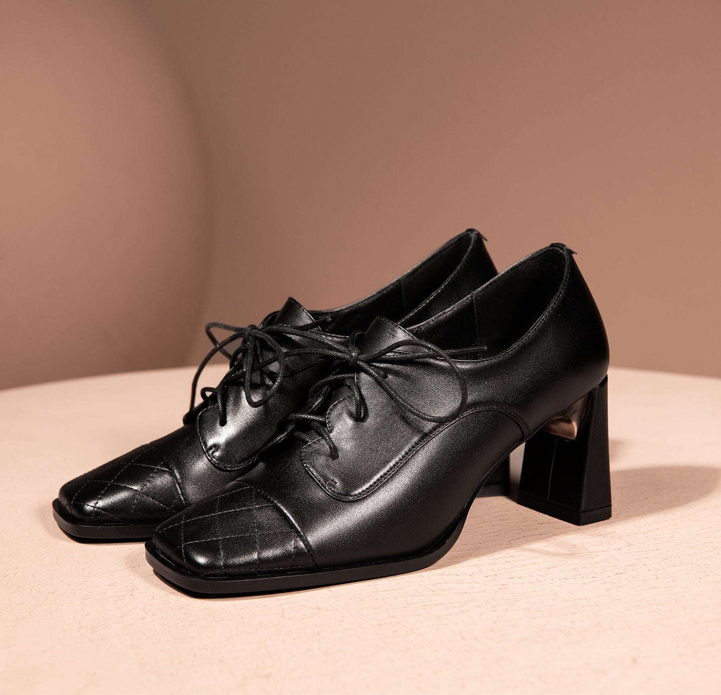 Nine Seven Genuine Leather Women's Handmade Classic Square Toe Chunky Heel Lace Up Oxford Pump Shoes