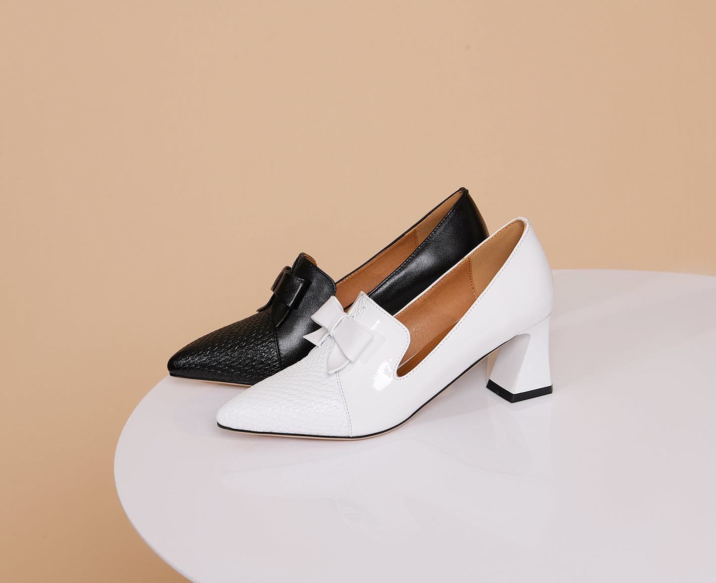 Nine Seven Women's Handmade Genuine Leather Pointed Toe Bowknot Elegant Spool Heel Pumps Shoes