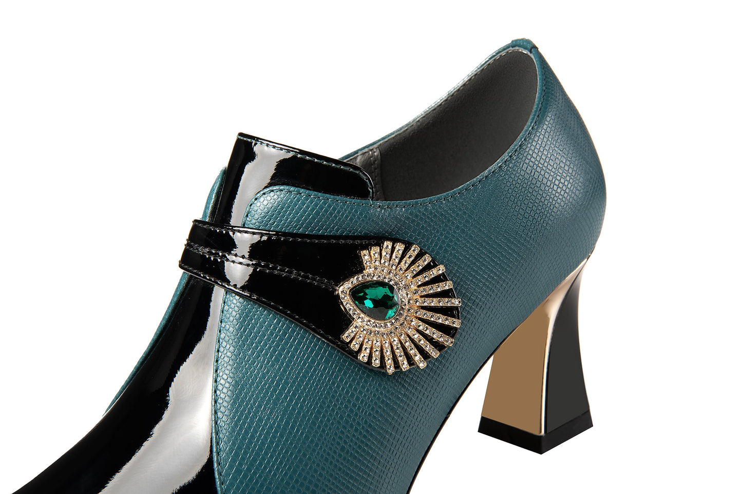 Nine Seven Women's Patent and Genuine Leather Handmade Pointed Toe Spool Heel Green Crystal Side Zip Oxford Pumps