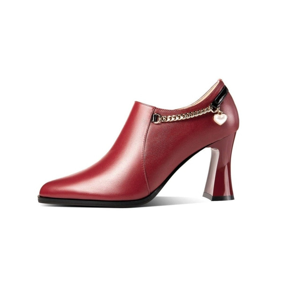 Nine Seven Women's Genuine Leather Handmade Spool Heel Pointed Toe Side Zip Elegant Oxford Pumps with Exquisite Heart Pendant