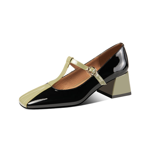 Nine Seven Women's Handmade Patent Leather Square Toe Chunky Heel T-Shaped Assorted Color Mary Jane Pumps