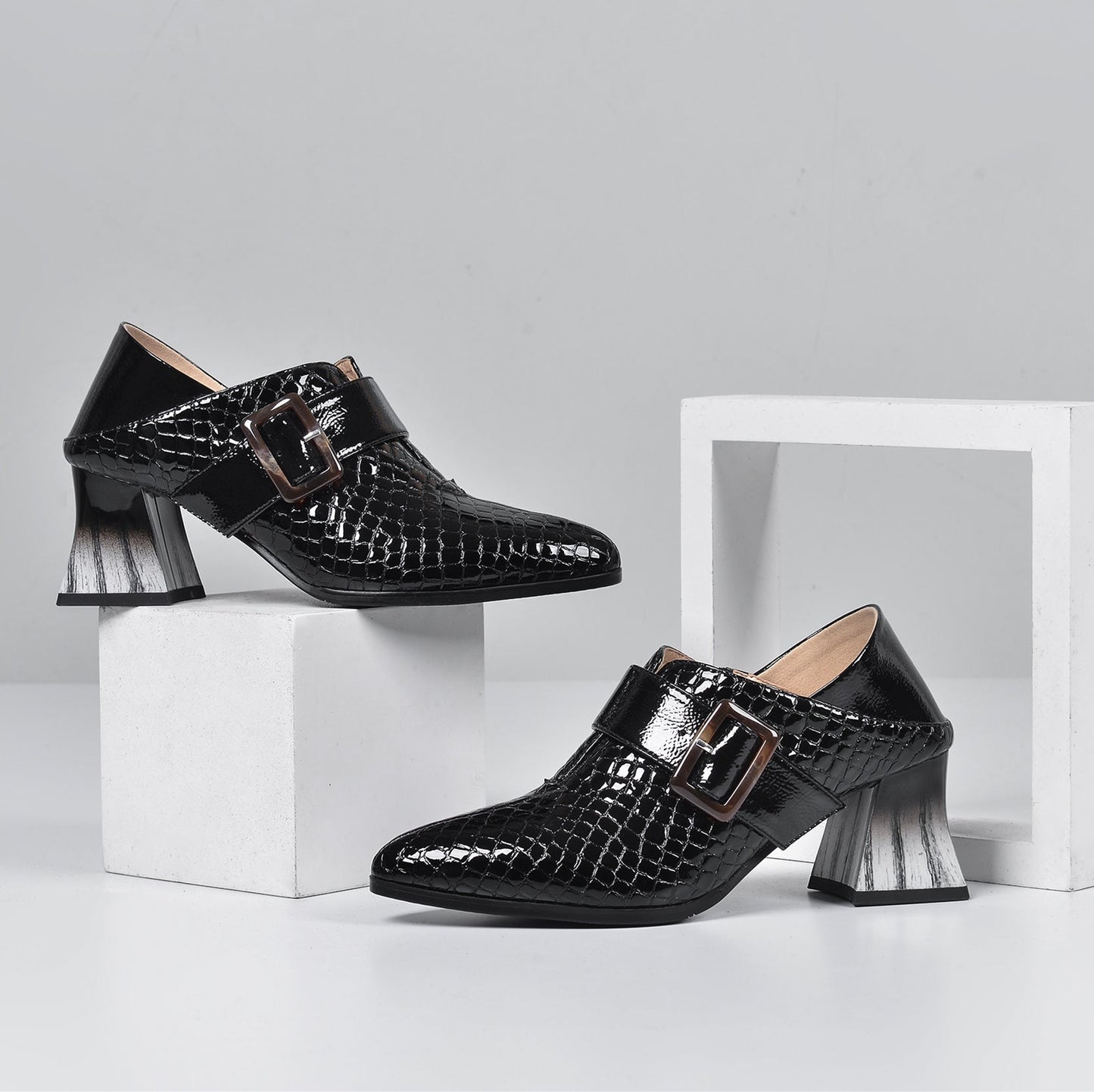 Nine Seven Women's Patent Leather Pointed Toe Handmade Side Zipper Mid Chunky Heels Stylish Pumps with Buckle