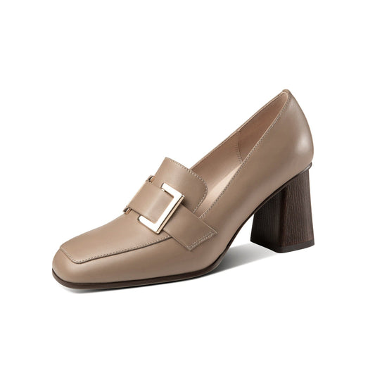 Nine Seven Women's Handmade Genuine Leather Block Heel Square Toe Pumps Shoes with Modern Pattern