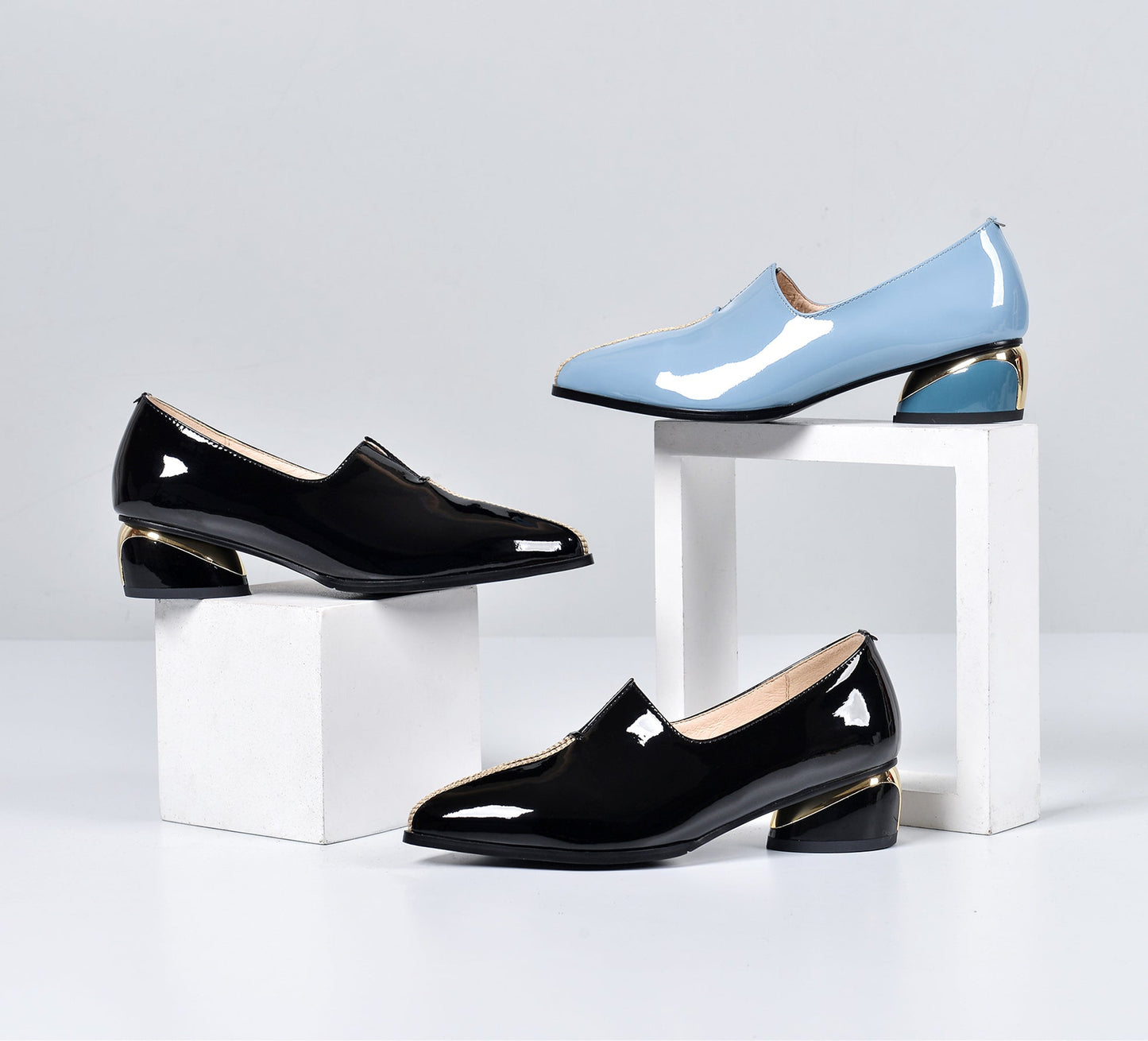 Nine Seven Women's Patent Leather Pointed Toe Handmade Stitches Low Chunky Heels Stylish Loafer Shoes