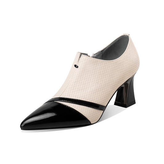 Nine Seven Women's Handmade Genuine Leather Patent Pointed Toe Mid Spool Heel Side Zip Up Modern Pump Shoes