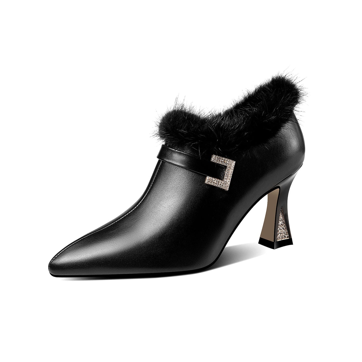 Nine Seven Genuine Leather Women's Handmade High Spool Heel Side Zip Up Glitter Rhinestone and Fur Design Oxford Pumps