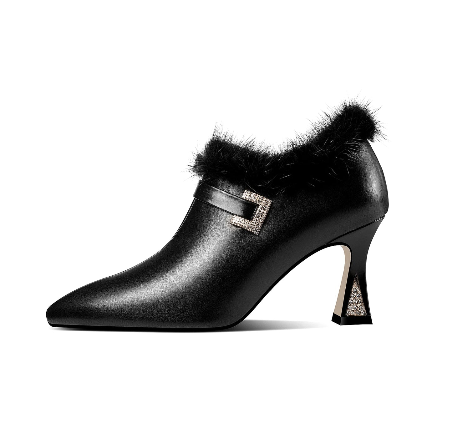 Nine Seven Genuine Leather Women's Handmade High Spool Heel Side Zip Up Glitter Rhinestone and Fur Design Oxford Pumps