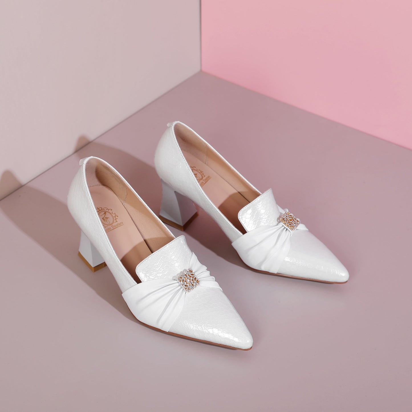 Nine Seven Women's Genuine Leather Handmade Pointy Toe Elegant Spool Heel Rhinestone Pattern Pumps Shoes