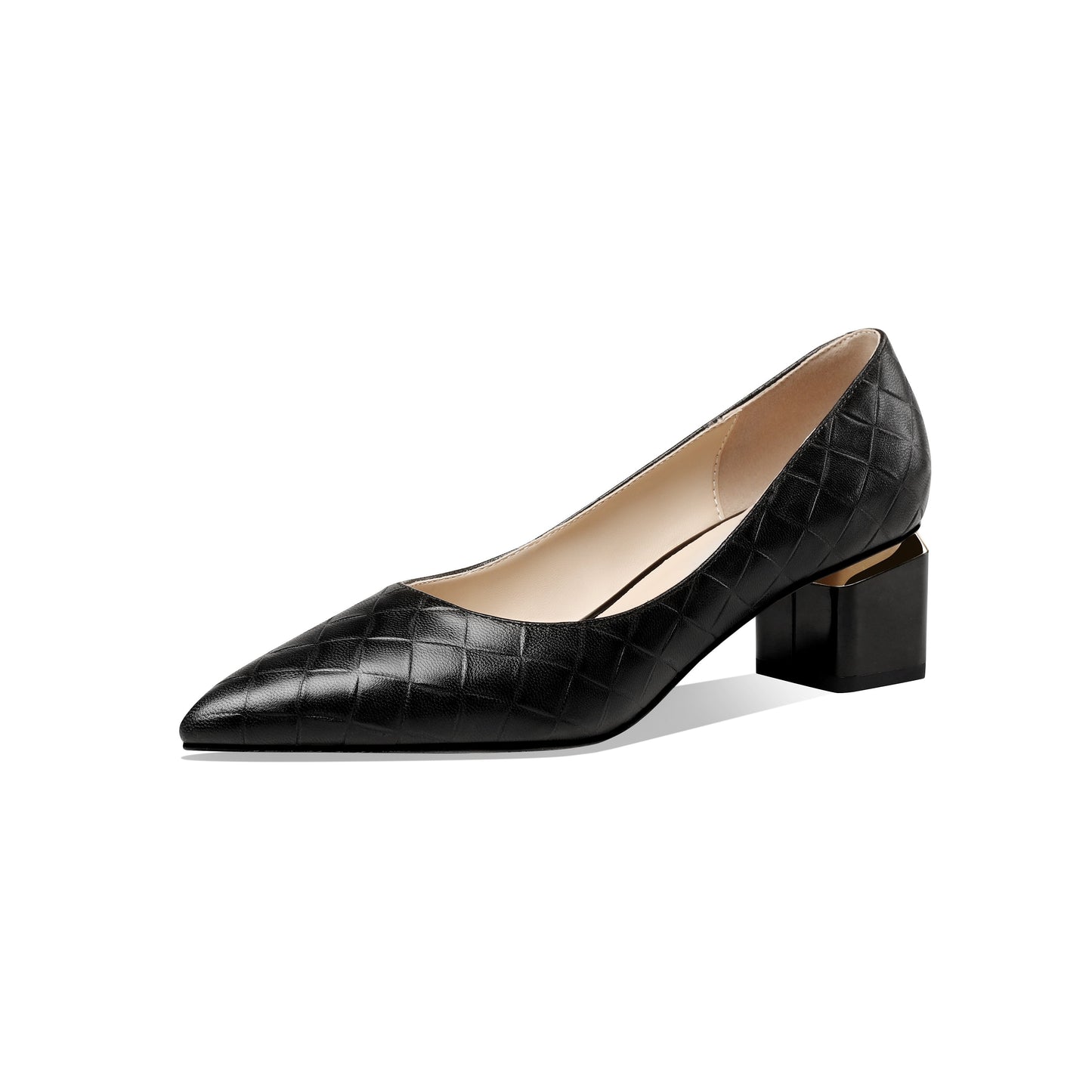 Nine Seven Glossy Genuine Leather Women's Handmade Pointed Toe Spool Heel Golden Square Pattern Decor Slip On Loafer Pumps