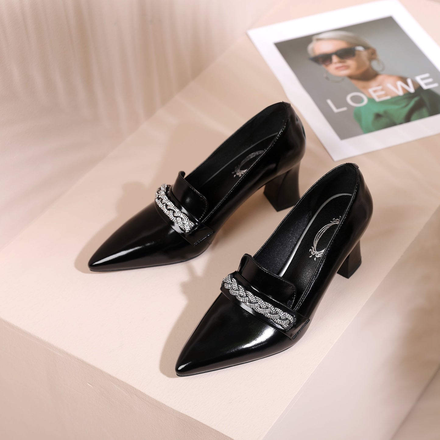 Nine Seven Women's Pointed Toe Genuine/Suede Leather Handmade Mid Chunky Heels Stylish Slip On Pumps Shoes