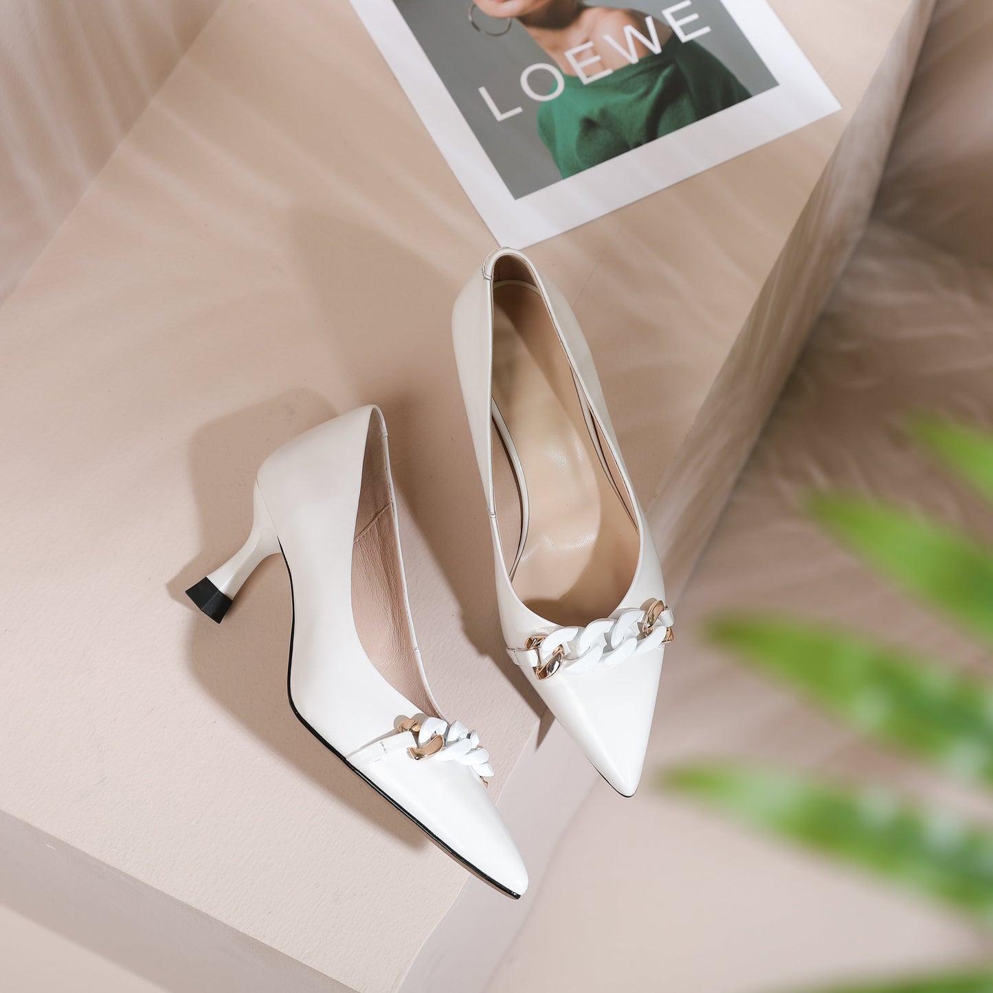 Nine Seven Women's Pointed Toe Handmade Chain Décor Patent Leather Stiletto Mid Heels Stylish Pumps Shoes