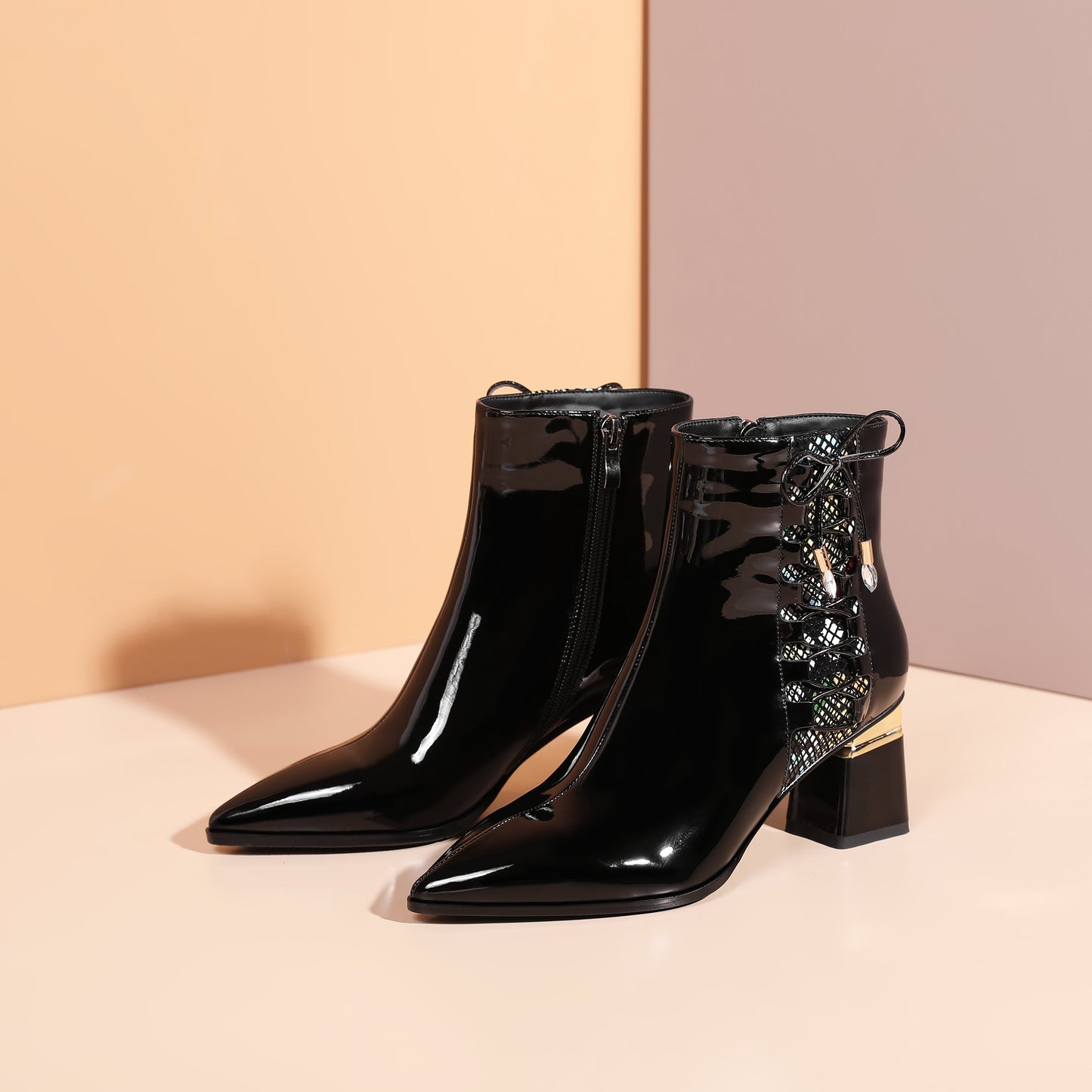 Nine Seven Women's Handmade Patent Leather Side Zip Up Cute Bowtie Chunky Heel Black Ankle Boots