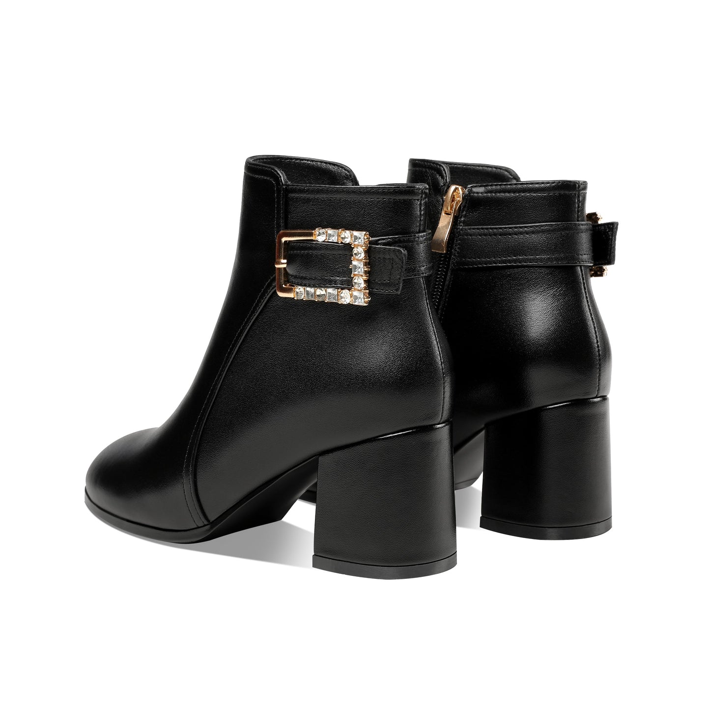 Nine Seven Women's Genuine Leather Handmade Round Toe Side Zipper Mid Chunky Heel Classic Ankle Boots with Buckle