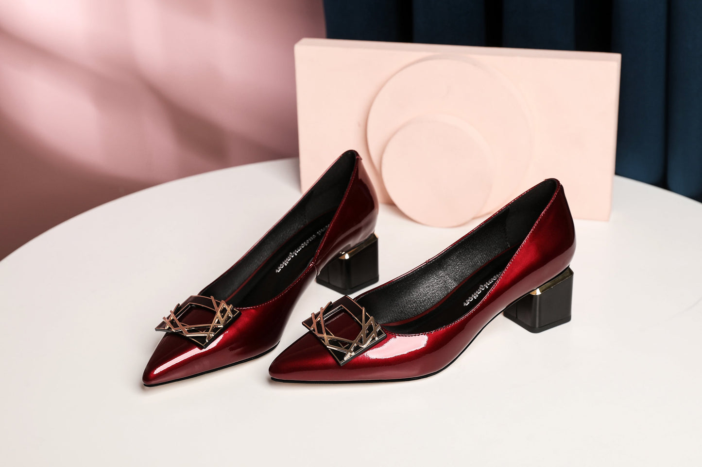 Nine Seven Women's Glossy Patent Leather Handmade Clear Pointed Toe Low Block Heel Slip On Pump Shoes with Trendy Square Pattern