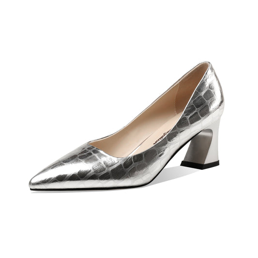 Nine Seven Handmade Genuine Leather Women's Comfortable Spool Heel Pointed Toe Slip On Loafer Pumps