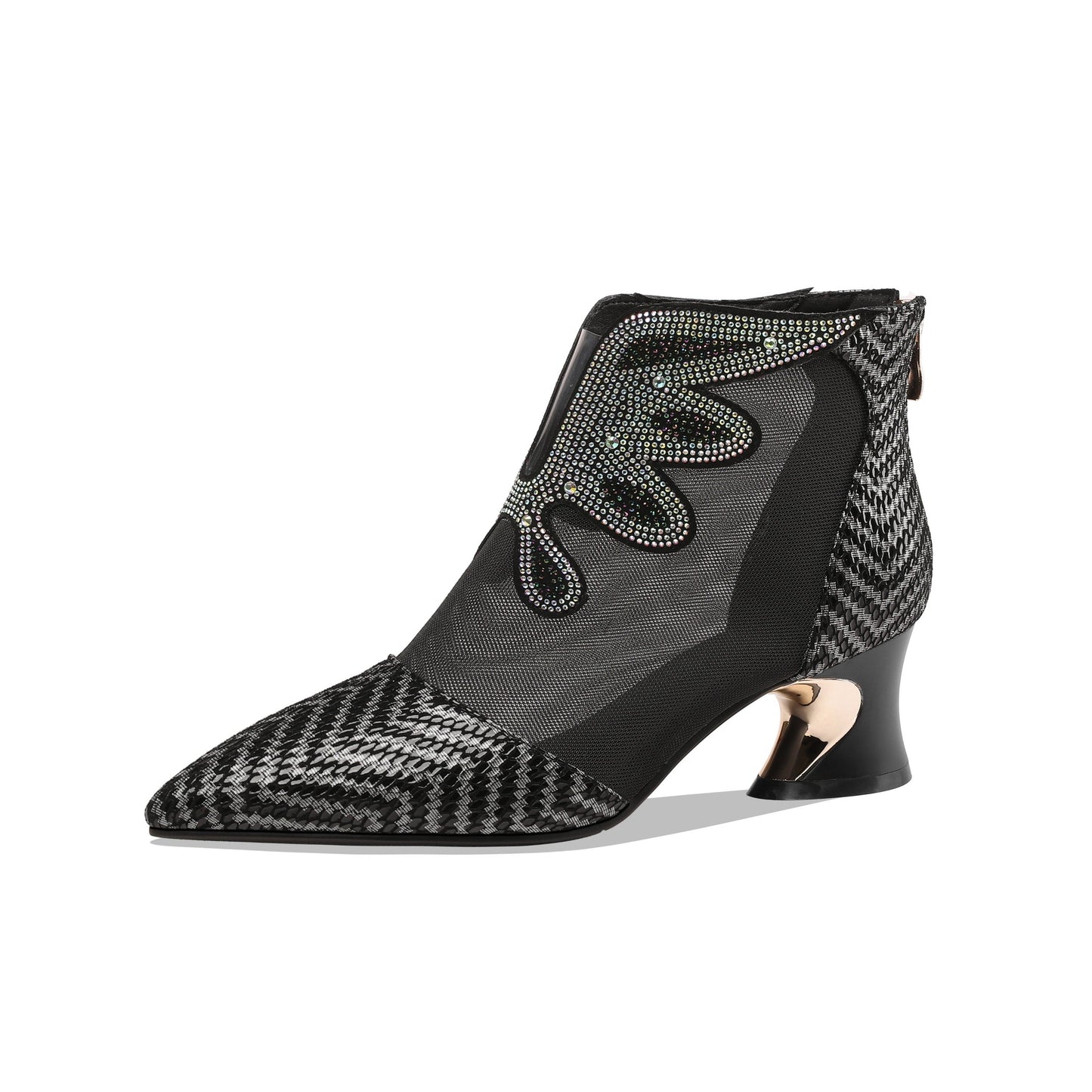Nine Seven Women's Handmade Genuine Leather and Mesh Back Zip Up Glitter Decor Chuncky Heel Summer Boots